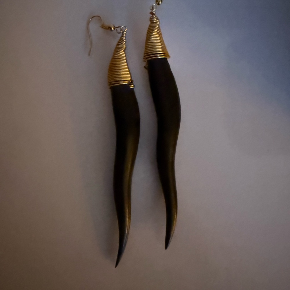 Unique Black/Dark Brown  Bone or Horn and Brass Long Dangle Earrings